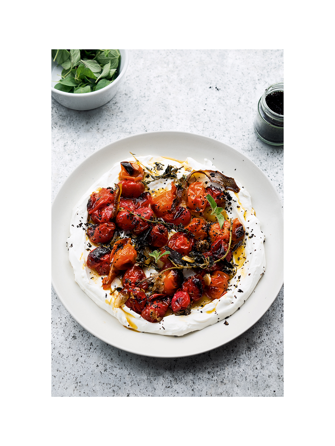 Hot Charred Cherry Tomatoes with Cold Yoghurt by Yotam Ottolenghi