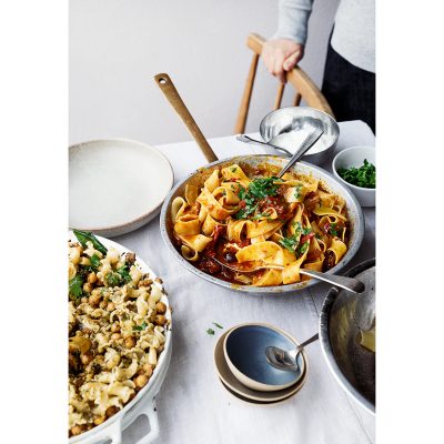 Pappardelle with rose harissa, black olives and capers by Yotam Ottolenghi