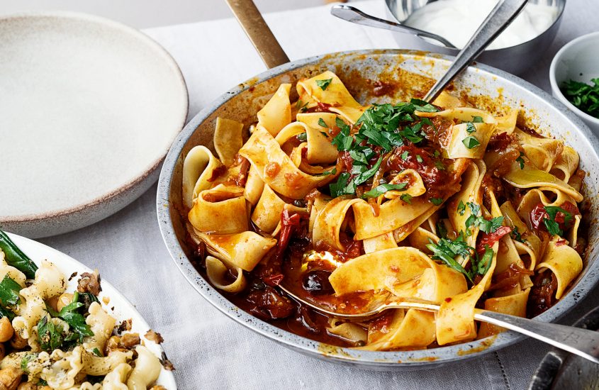 Pappardelle with Rose Harissa, Black Olives and Capers by Yotam Ottolenghi
