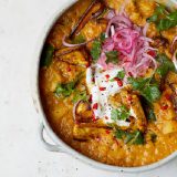 Parsnip Dahl topped with Roasted Parsnips and Pink Pickled Onions by Melissa Hemsley