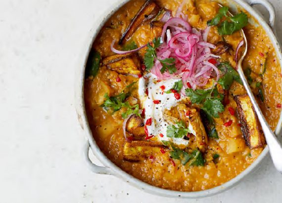 Parsnip Dahl topped with Roasted Parsnips and Pink Pickled Onions by Melissa Hemsley