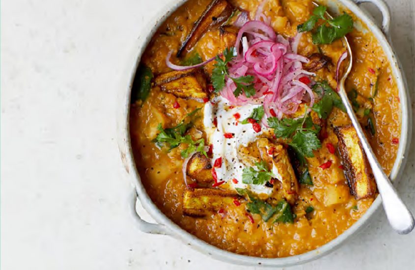 Parsnip Dahl topped with Roasted Parsnips & Pink Pickled Onions by Melissa Hemsley